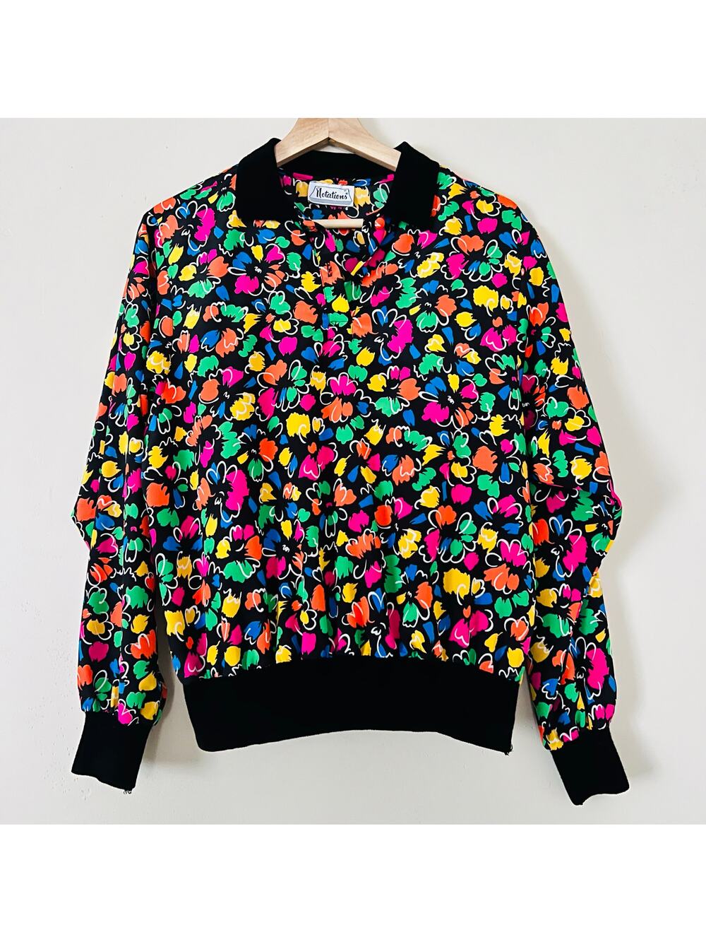 Notations Vintage Colorful Retro Floral Black Cuff Collar M Preppy Happy 80s 90s